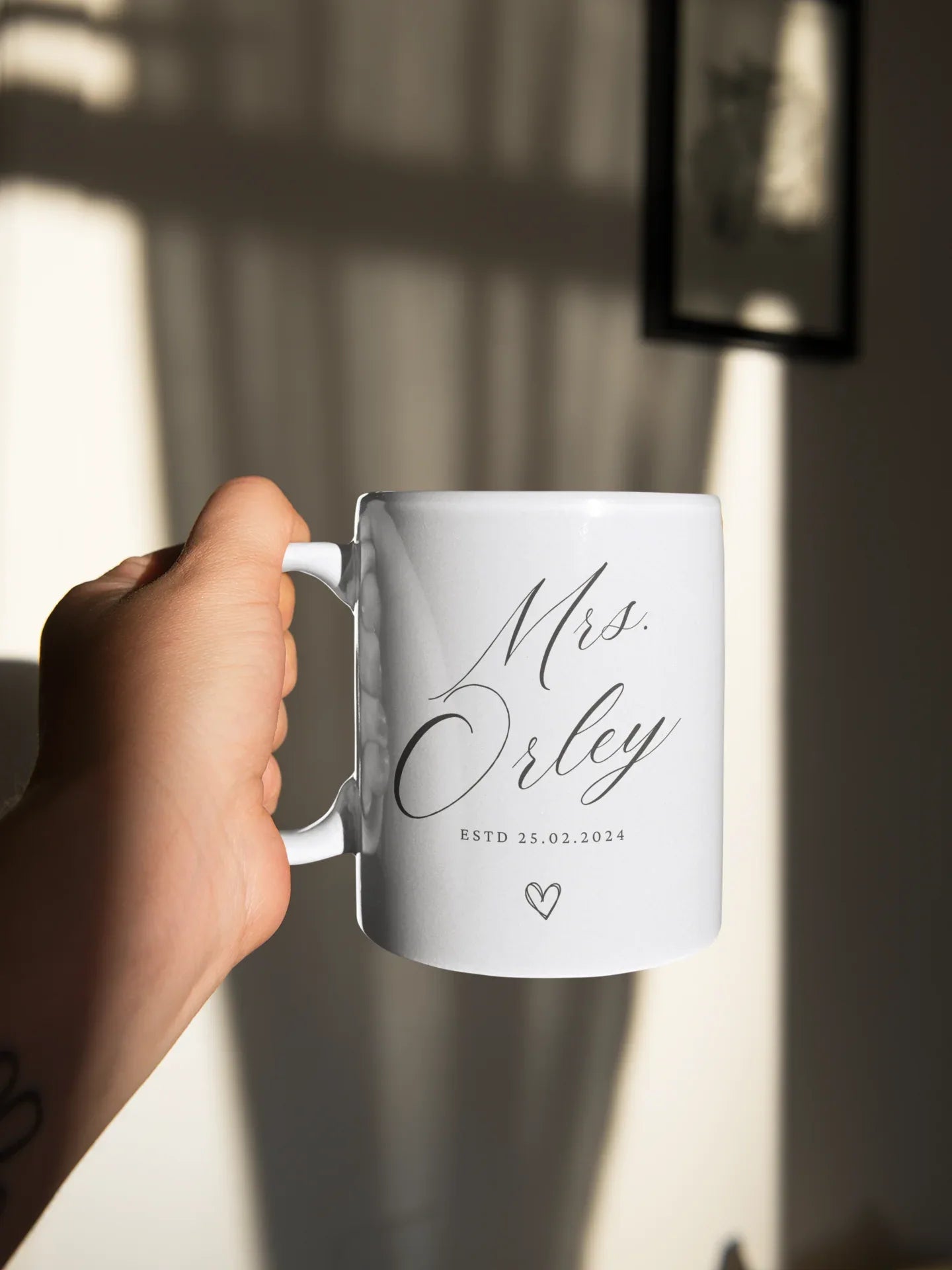 White ceramic mug with 'Mrs Orley' script and 'ESTD 25.02.2024' beneath
