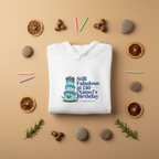 White hoodie featuring birthday cake emblem and celebratory text print