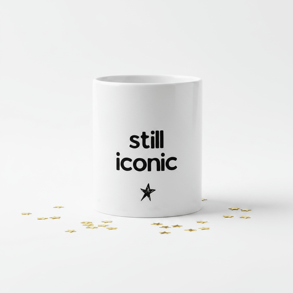 Ceramic coffee mug with “still iconic” text and star on white