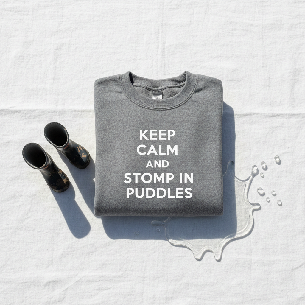 Light gray crewneck sweatshirt with white text: KEEP CALM AND STOMP IN PUDDLES