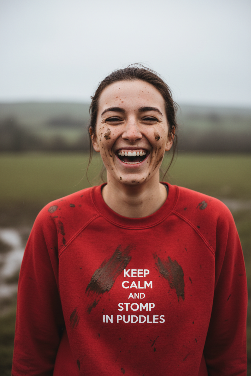 Red crewneck sweatshirt with distressed printed slogan “KEEP CALM AND … IN PUDDLES”