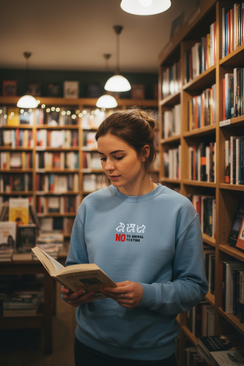 Light blue crewneck sweatshirt with 'No to animal testing' chest graphic, worn