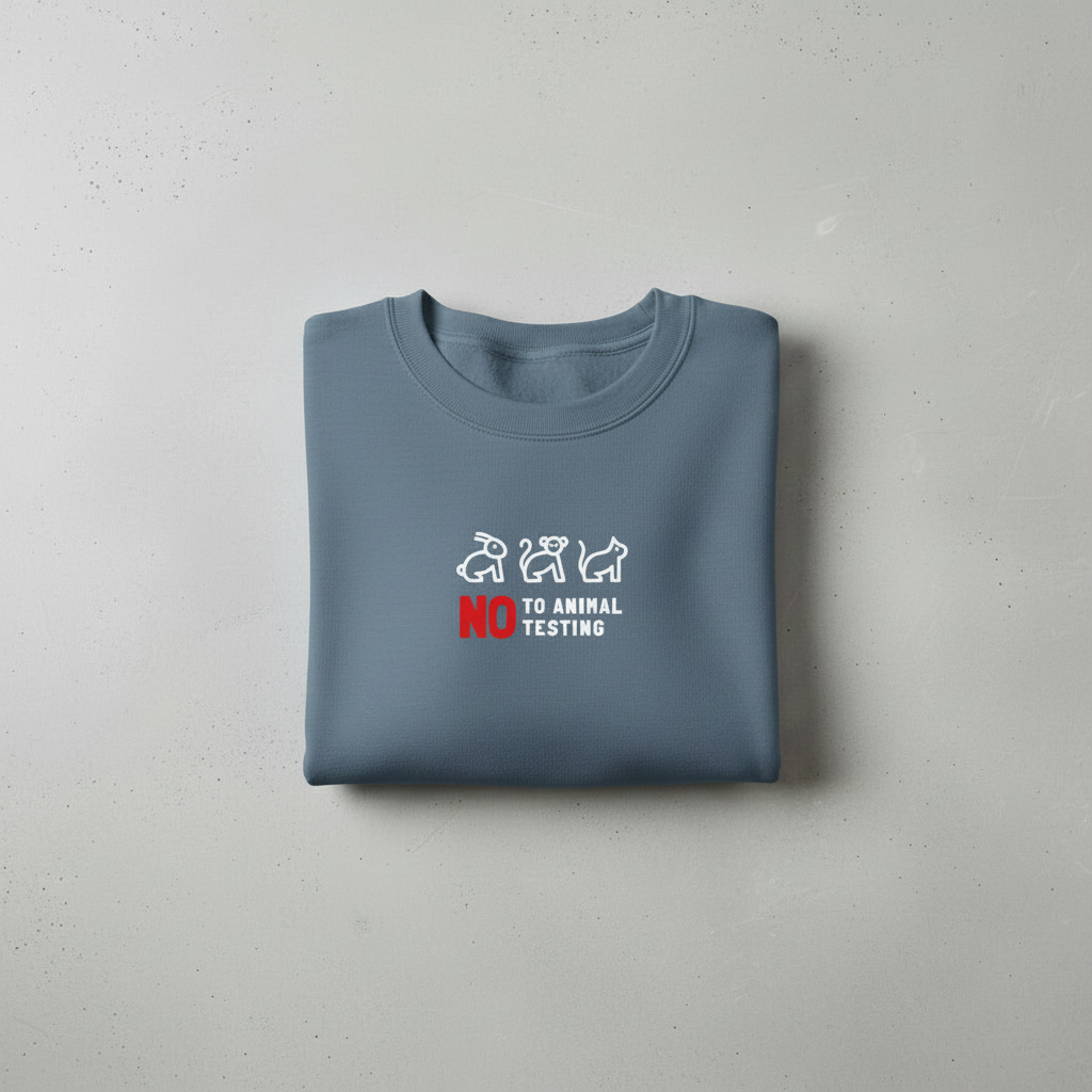 Powder blue sweatshirt with front 'No to Animal Testing' graphic, crew neck.