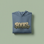 Blue graphic hoodie with hood and kangaroo pocket, Roots text chest graphic