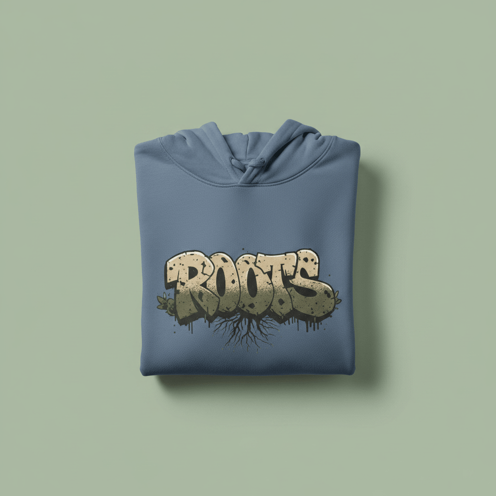 Blue graphic hoodie with hood and kangaroo pocket, Roots text chest graphic