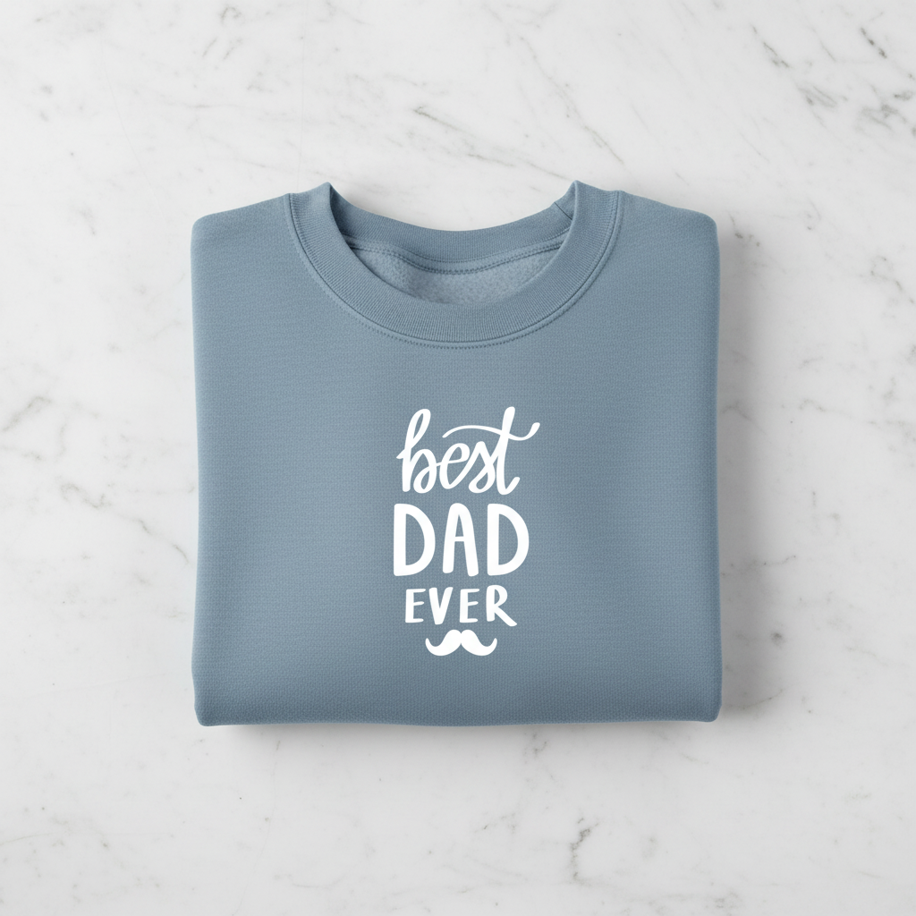 Light blue crewneck sweatshirt flat lay with white 'best DAD ever' print
