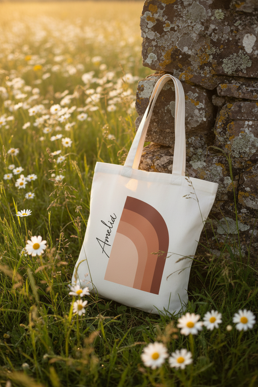 White cotton tote bag in outdoor setting, front shows terracotta abstract arch print
