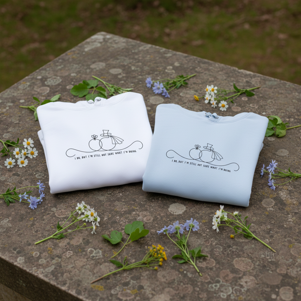 Pair of unisex hoodies folded; white and light blue, each with line-art wedding rings graphic.