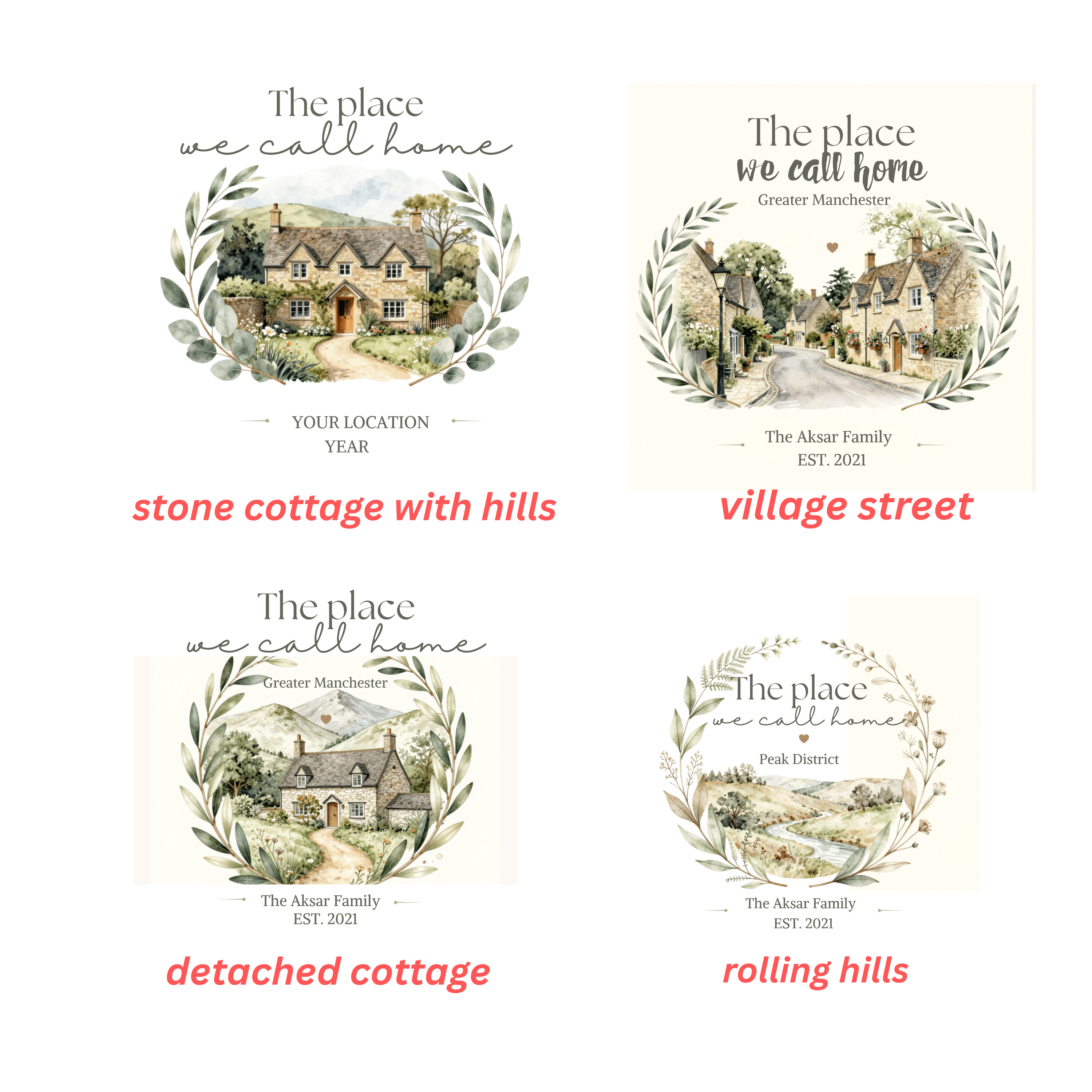 Personalised 'The Place We Call Home' T-Shirt | 4 Designs: Detached Cottage, Village Street, Countryside Landscape & Cottage with Mountains - AlleyCrafters