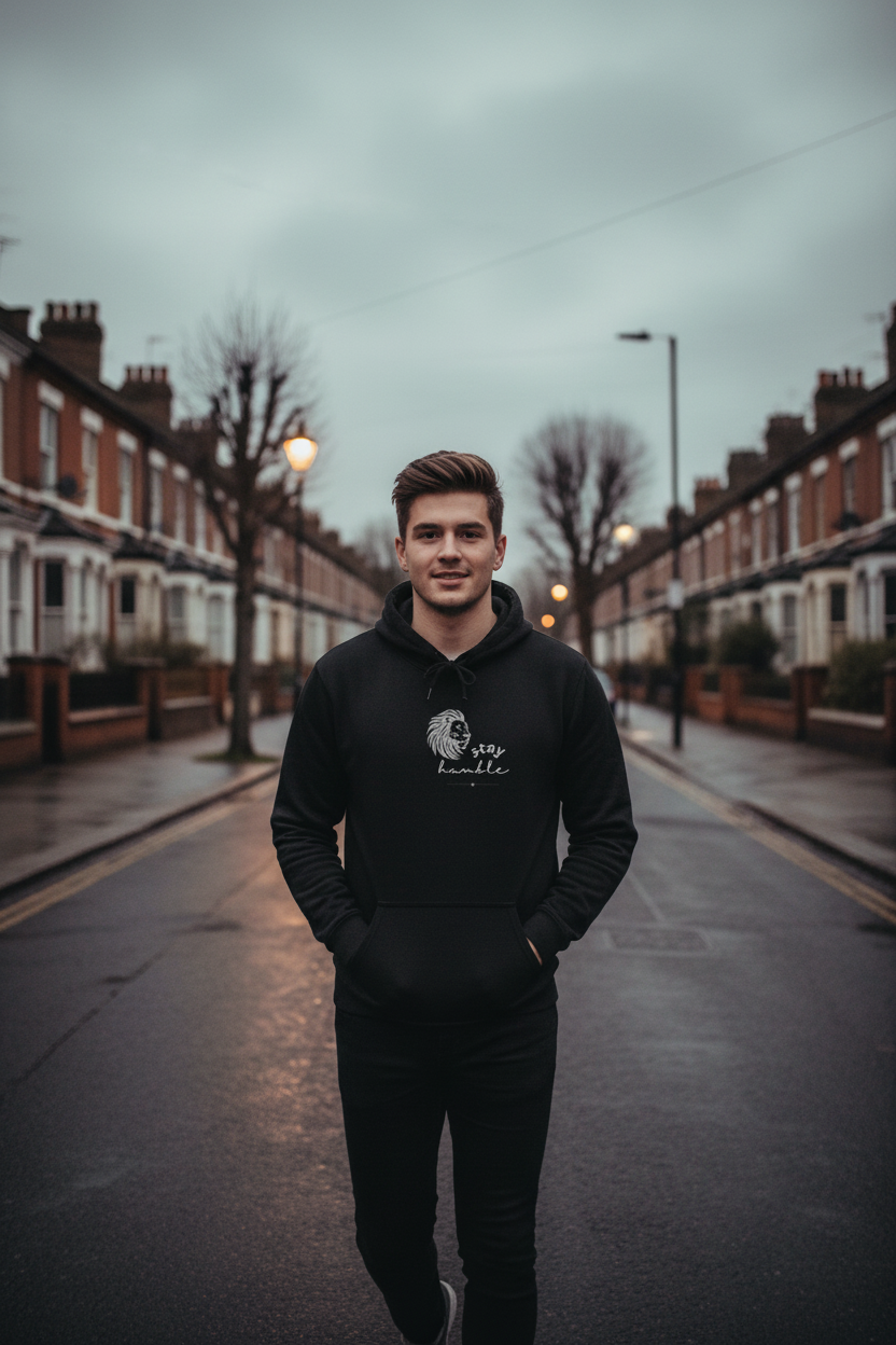 Black pullover hoodie with lion head and “stay humble” chest graphic and hood