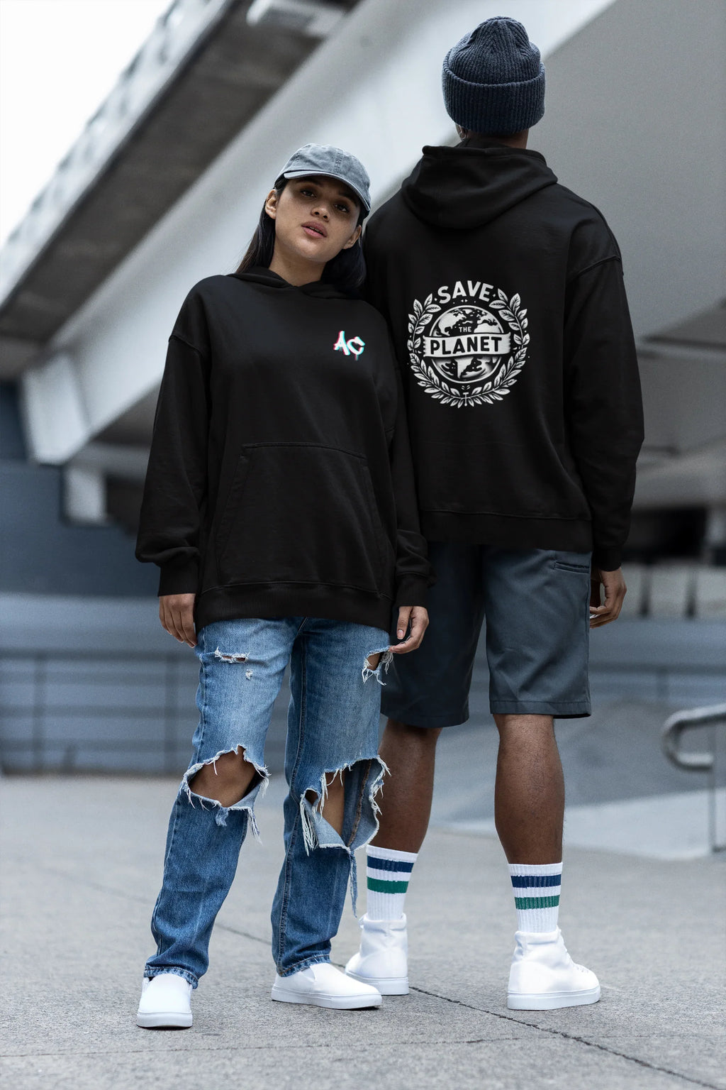 Black hooded sweatshirt pair view, one front and one back with SAVE THE PLANET logo