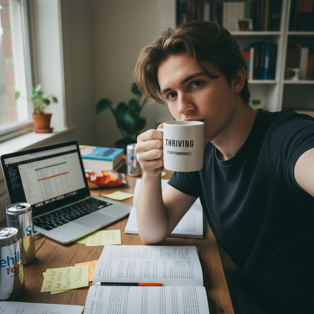Student holding white THRIVING mug - UGC selfie style