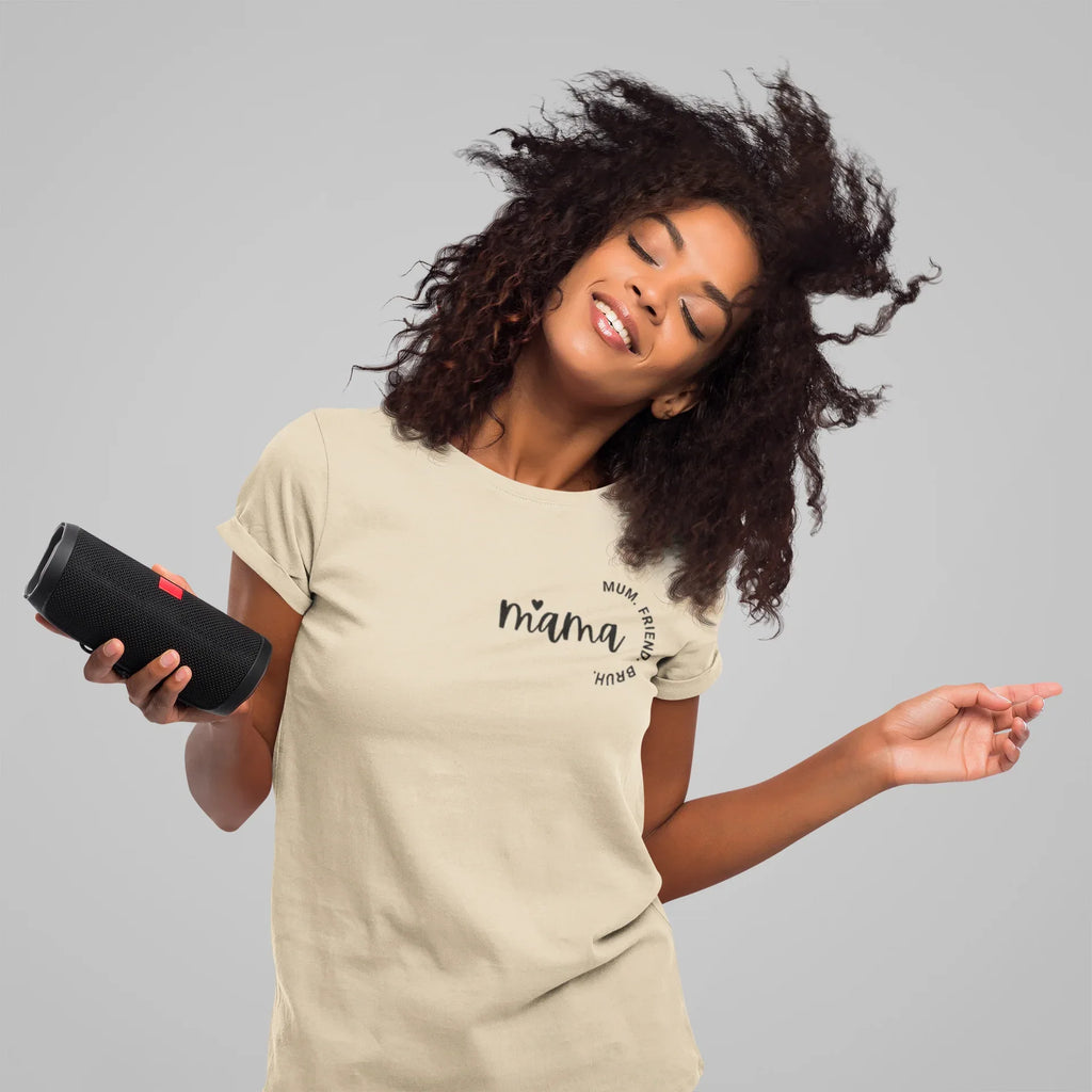 Beige mum T-shirt with script chest logo and crew neck