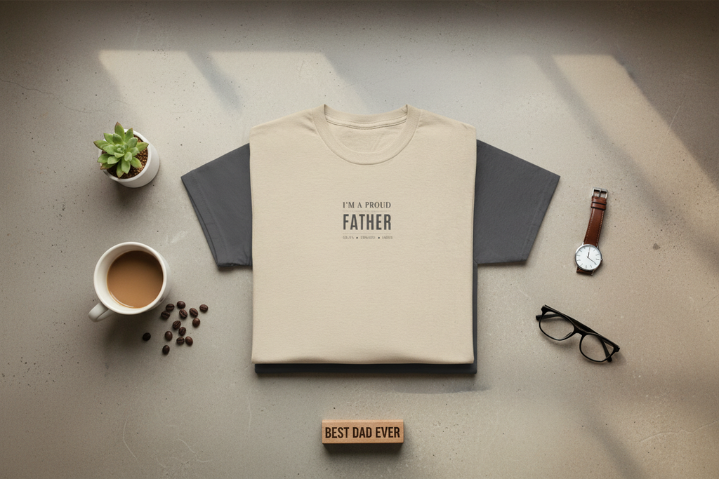 Cream T-shirt with "I'm a Proud Father" minimalist front text