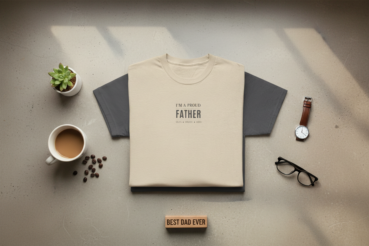 Cream T-shirt with "I'm a Proud Father" minimalist front text