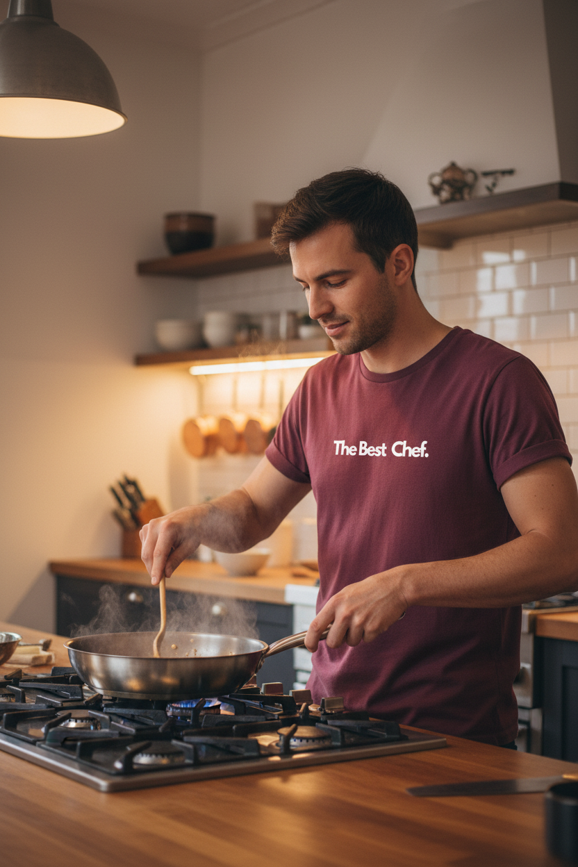 Maroon custom text T-shirt with “The Best Chef” chest print.
