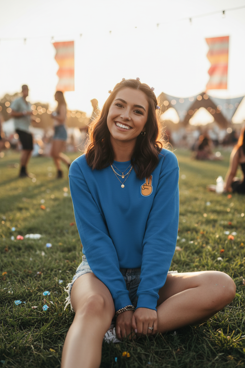 Royal blue embroidered peace-sign sweatshirt with long sleeves and ribbed cuffs