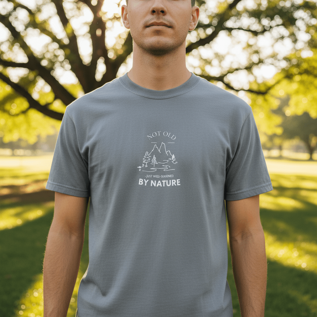 Nature graphic T-shirt in blue with chest mountain and tree graphic, crew neck