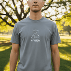 Nature graphic T-shirt in blue with chest mountain and tree graphic, crew neck