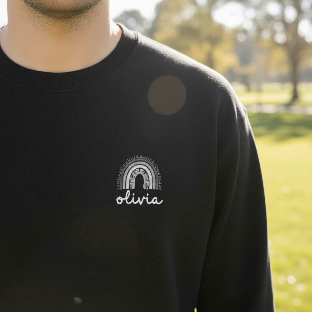 Black custom name sweatshirt with embroidered rainbow arch logo: olivia