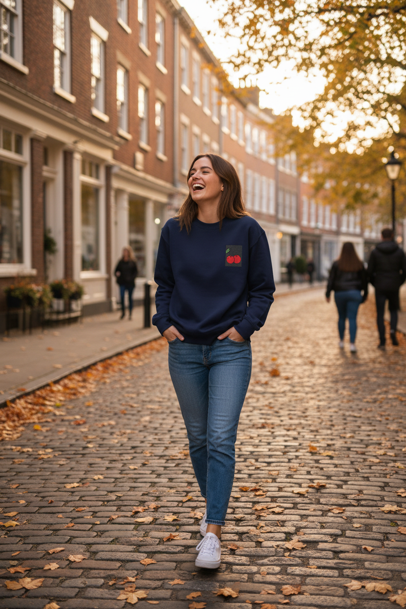 Navy crewneck sweatshirt with cherry embroidered patch on front.