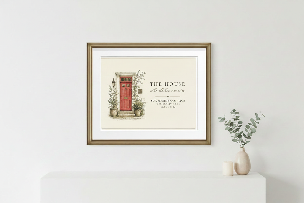 Framed canvas print with illustrated home and red front door, plants, and house message