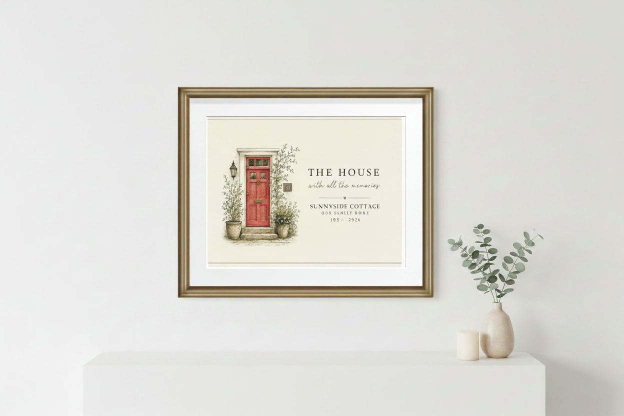 Framed canvas print with illustrated home and red front door, plants, and house message