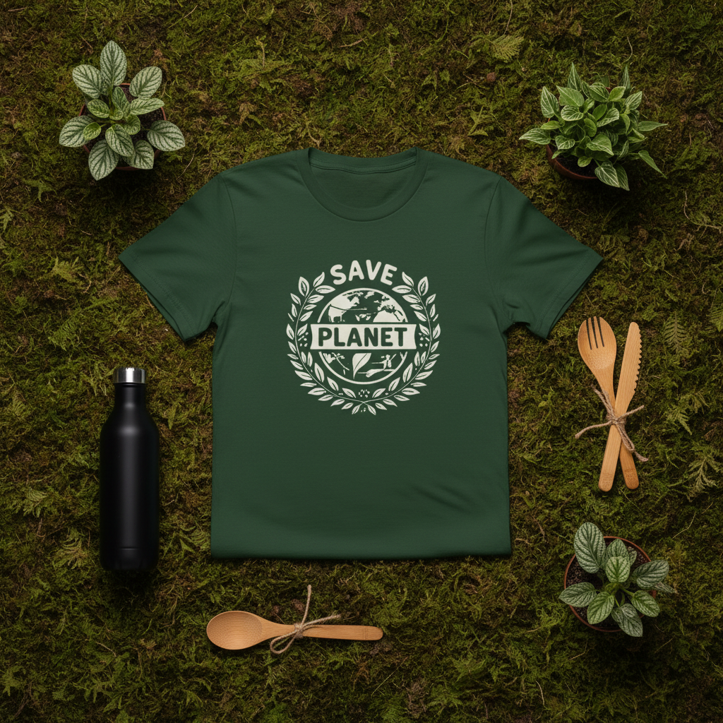 Forest green T-shirt with Save the Planet emblem graphic, crew neck, short sleeves