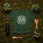 Forest green T-shirt with Save the Planet emblem graphic, crew neck, short sleeves