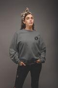 Dark heather record player sweatshirt with small chest embroidered turntable patch
