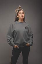 Dark heather record player sweatshirt with small chest embroidered turntable patch
