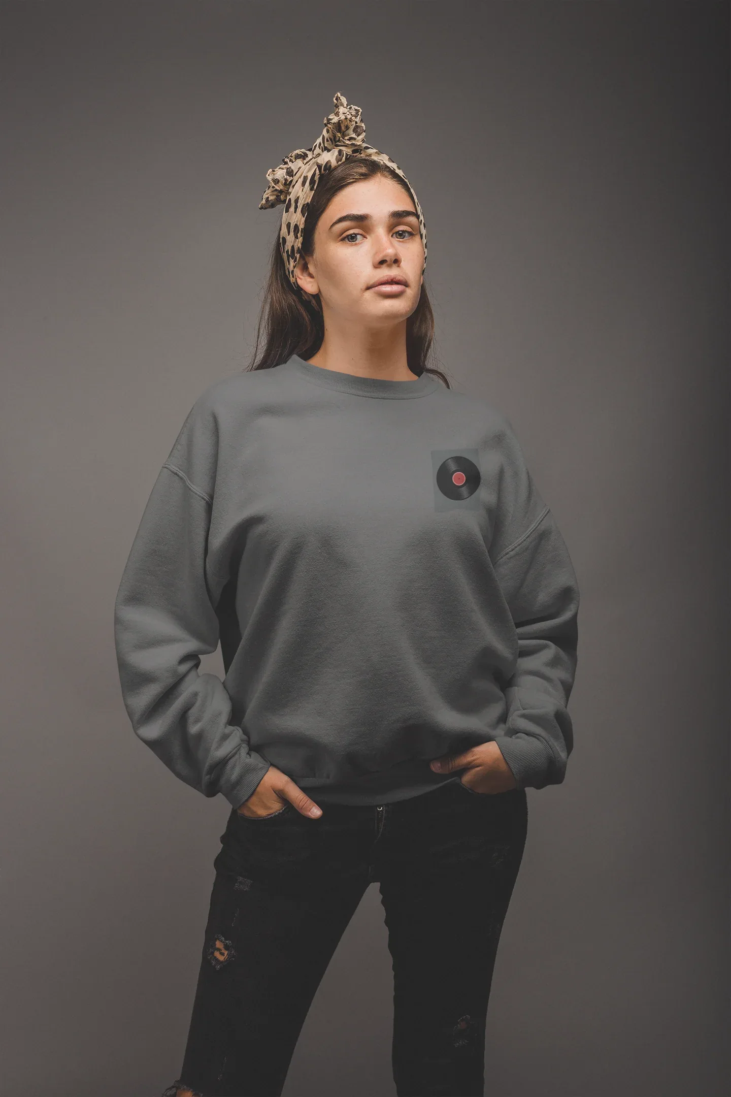 Dark heather record player sweatshirt with small chest embroidered turntable patch