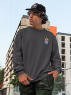Unisex black sweatshirt, star embroidery on chest, relaxed fit