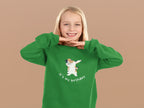 Kids sweatshirt, green with dabbing cat and “It’s my birthday” design