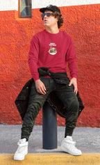 Red sweatshirt with “DON’T DISTURB” text and sleeping French Bulldog graphic.
