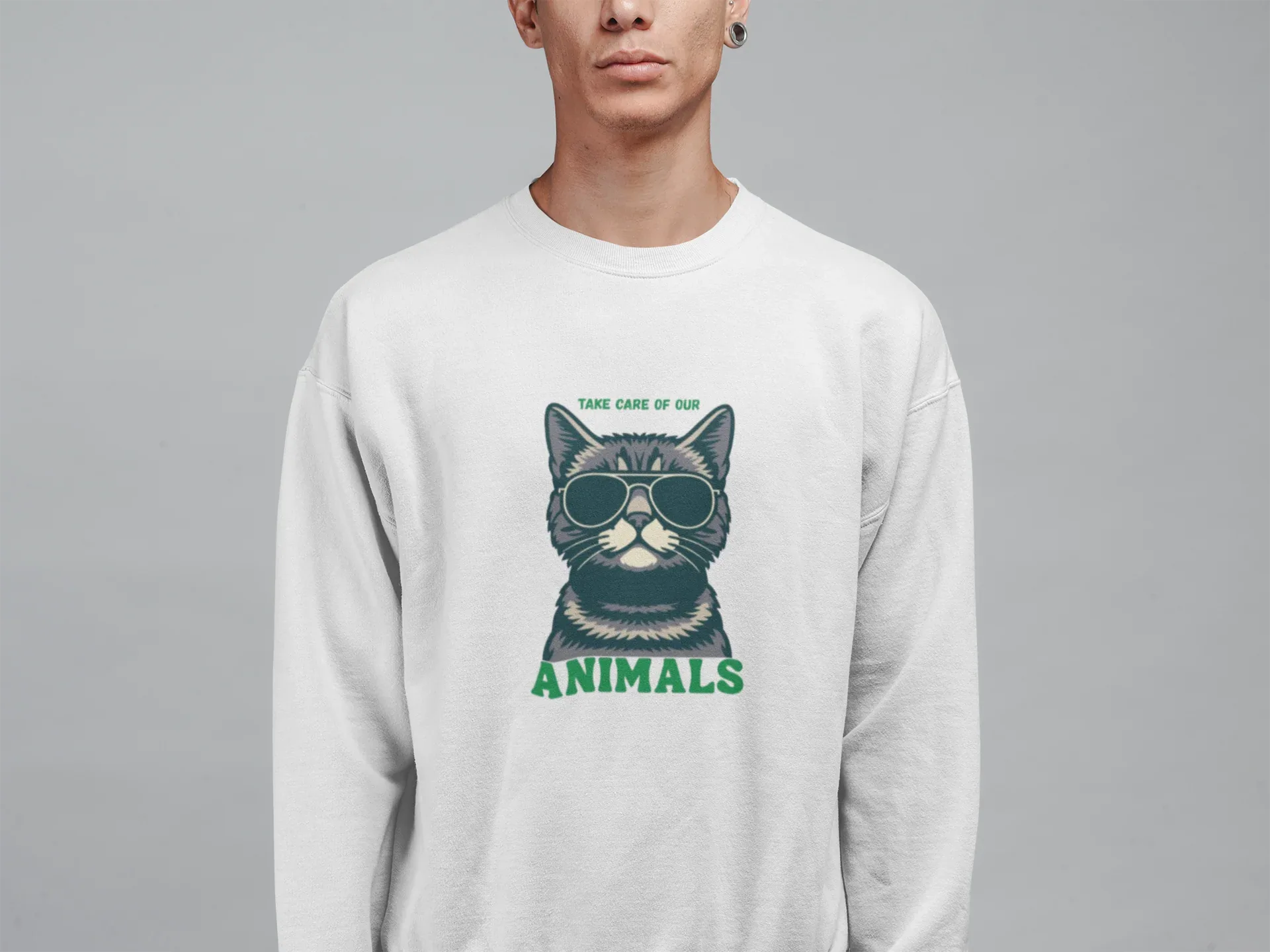 Cat Sunglasses Sweatshirt – 'Take Care of Your Animals' Cozy Crewneck - Alley Crafters