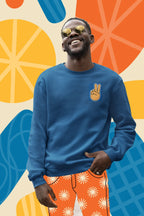 Royal blue sweatshirt with peace hand embroidered badge on front chest.