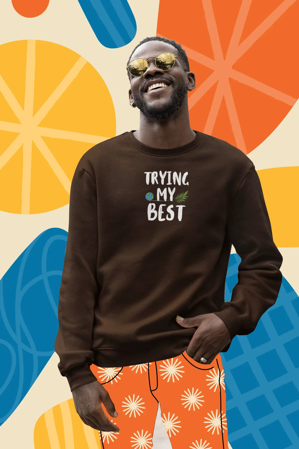 Dark chocolate crewneck sweatshirt with 'TRYING MY BEST' front text, long sleeves