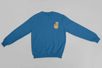 Royal blue crewneck sweatshirt with peace hand embroidery on left chest.