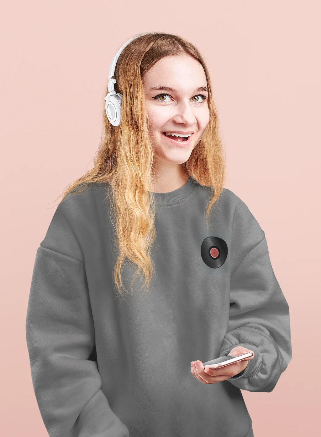 Dark heather crewneck sweatshirt with embroidered record player patch on chest