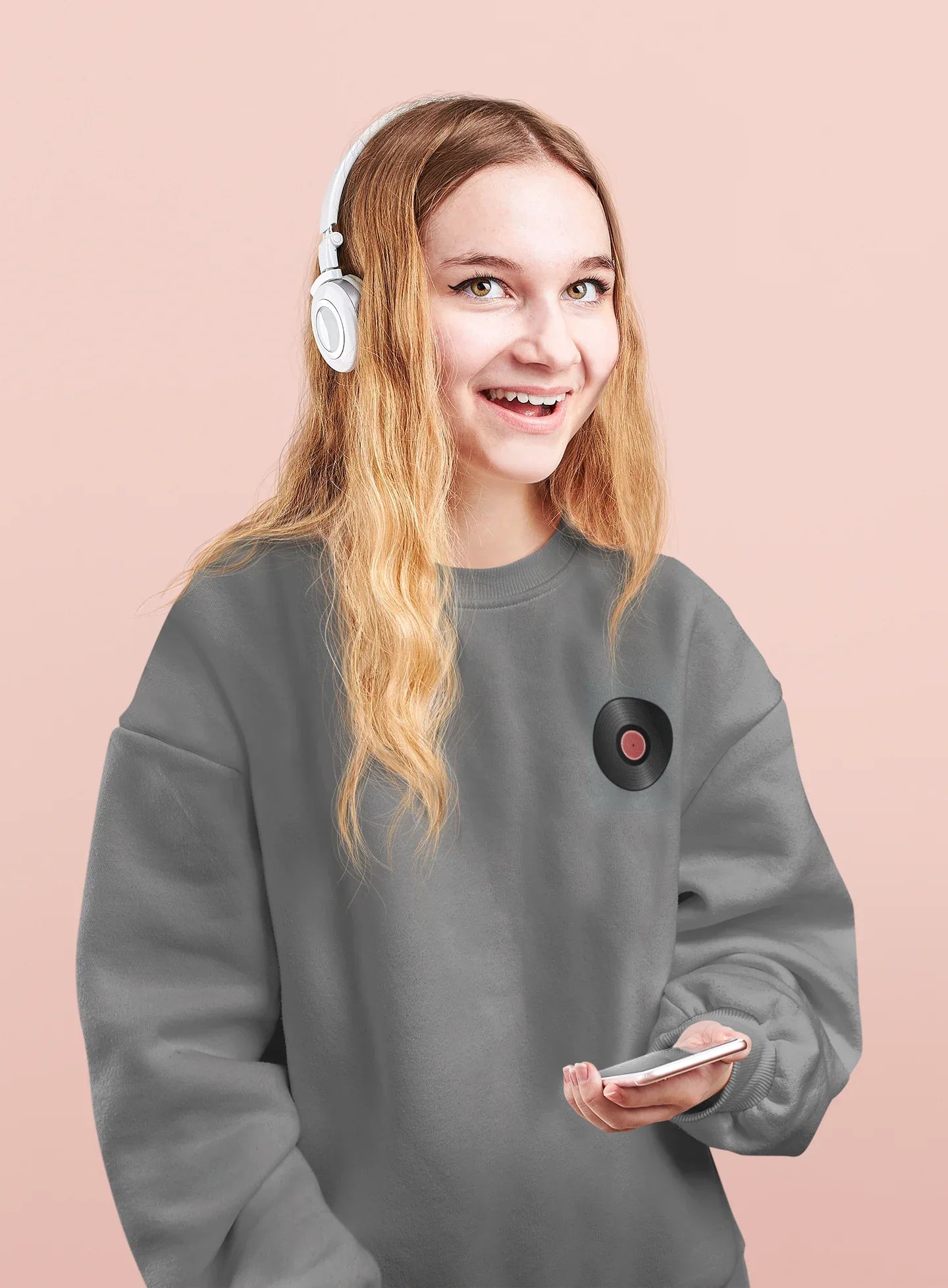 Dark heather crewneck sweatshirt with embroidered record player patch on chest