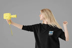 Black sweatshirt with embroidered camera icon and name S.R.H on left chest