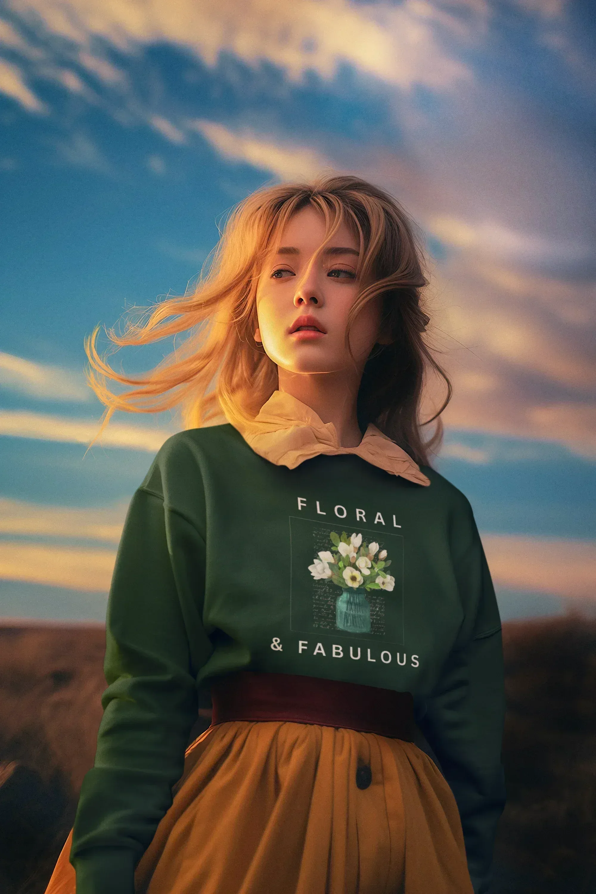 Green sweatshirt with floral graphic and "FLORAL" and "& FABULOUS" text