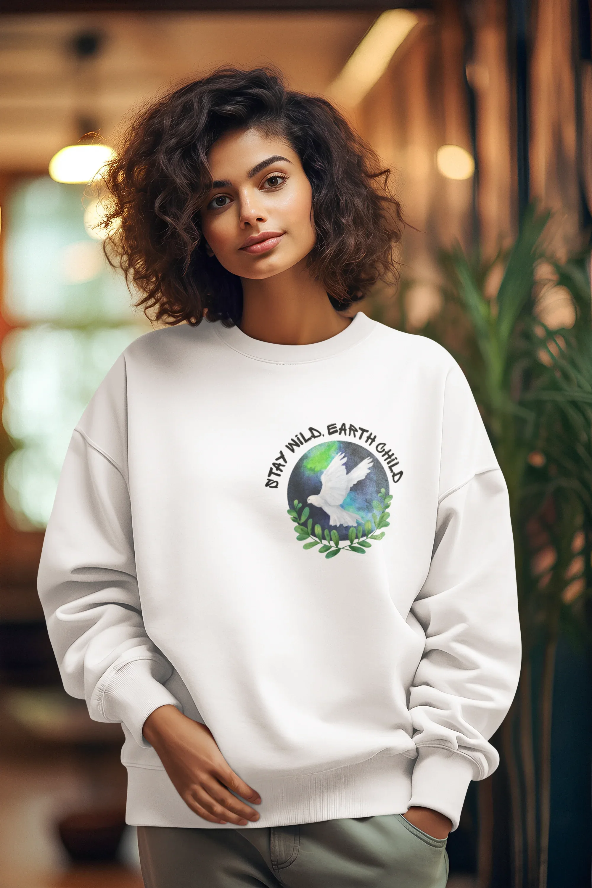 White crewneck sweatshirt with a circular dove and leaf nature logo on front.