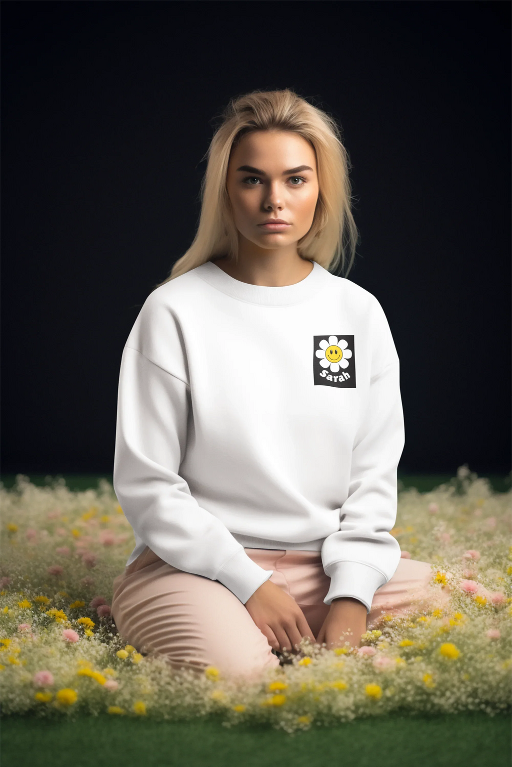 White unisex sweatshirt with embroidered flower patch on chest
