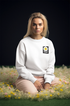 White unisex sweatshirt with embroidered flower patch on chest