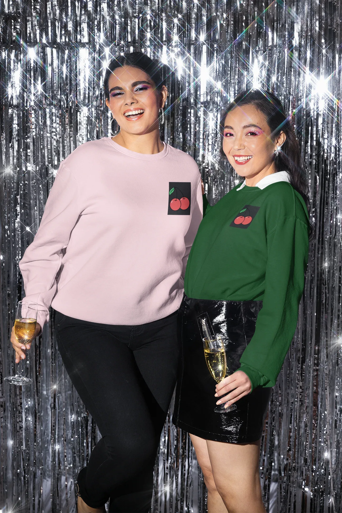 Pink and Irish Green cherry-embroidery sweatshirts with chest patch