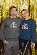 Cat birthday crewneck sweatshirts worn by two people: dark gray and navy, front print