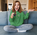 Kelly green kids sweatshirt with character graphic and 'I'm Not Tired, You're Tired' text