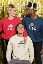 Crewneck sweatshirt trio with 'It's My Birthday' cat graphic in red, cream, and navy